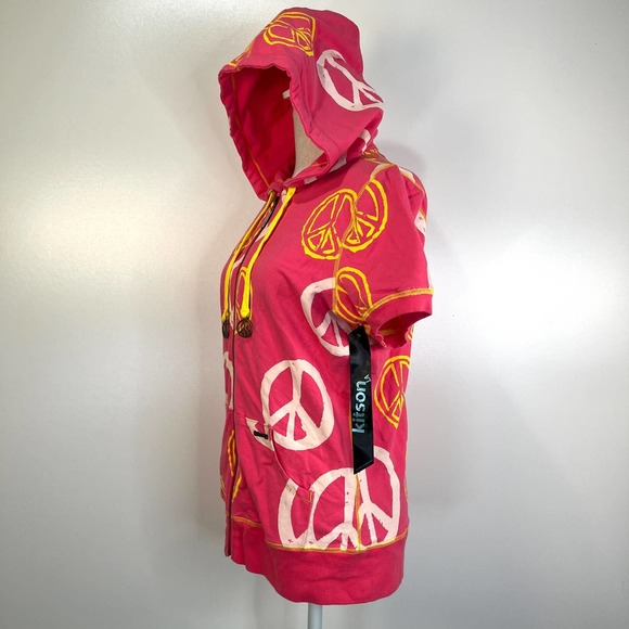 Kitson LA Peace Sign Zip Hoodie Women Large Pink Yellow Short Sleeve Y2K Romcom - Picture 2 of 8